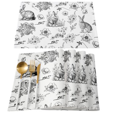 Binwennn Table Doilies round Easter Bunny Egg Pattern Linen Print Kitchen Dining Room Insulated Decorative Placemat（2）