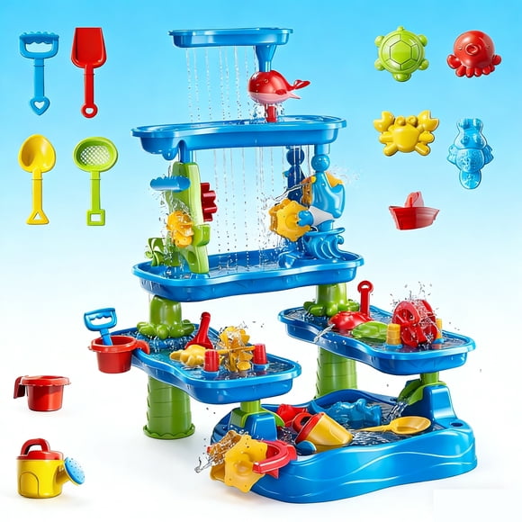Table de Sable et d'Eau pour Enfants à 5 Niveaux avec Accessoires, Table d'Activités de Plage Extérieure pour Enfants, Ensemble de Jeu Estival pour Bac à Sable de Cour Arrière avec Pelles Moules Jouets, Table de Plage Portable pour Patio Jardin