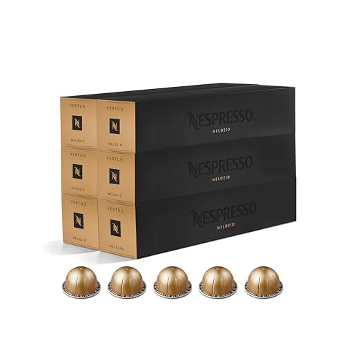 Nespresso Capsules Melozio 60 count, designed for Nespresso Vertuo machines, with three black and gold boxes labeled 'Nespresso Vertuo Melozio' stacked neatly and five gold coffee pods displayed in front.
