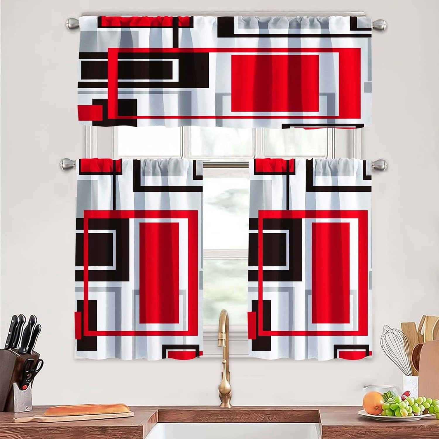 Red Kitchen Curtains Tiers and Valances Set 3 Piece for Windows Grey and Black Kitchen Window Curtains Set,Geometric Modern Art Valances for Living Room(36" Tiers Set)