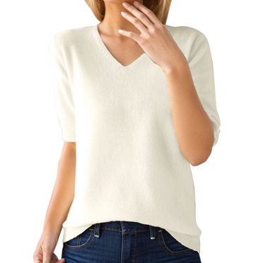WTXUE T-Shirts Short Sleeve, Crew Neck Shirts for Women's Sweater Sweater Sweater V Neck Loose Base T Shirt Top Cotton Solid, Crochet Tops | Casual for Women White XXL
