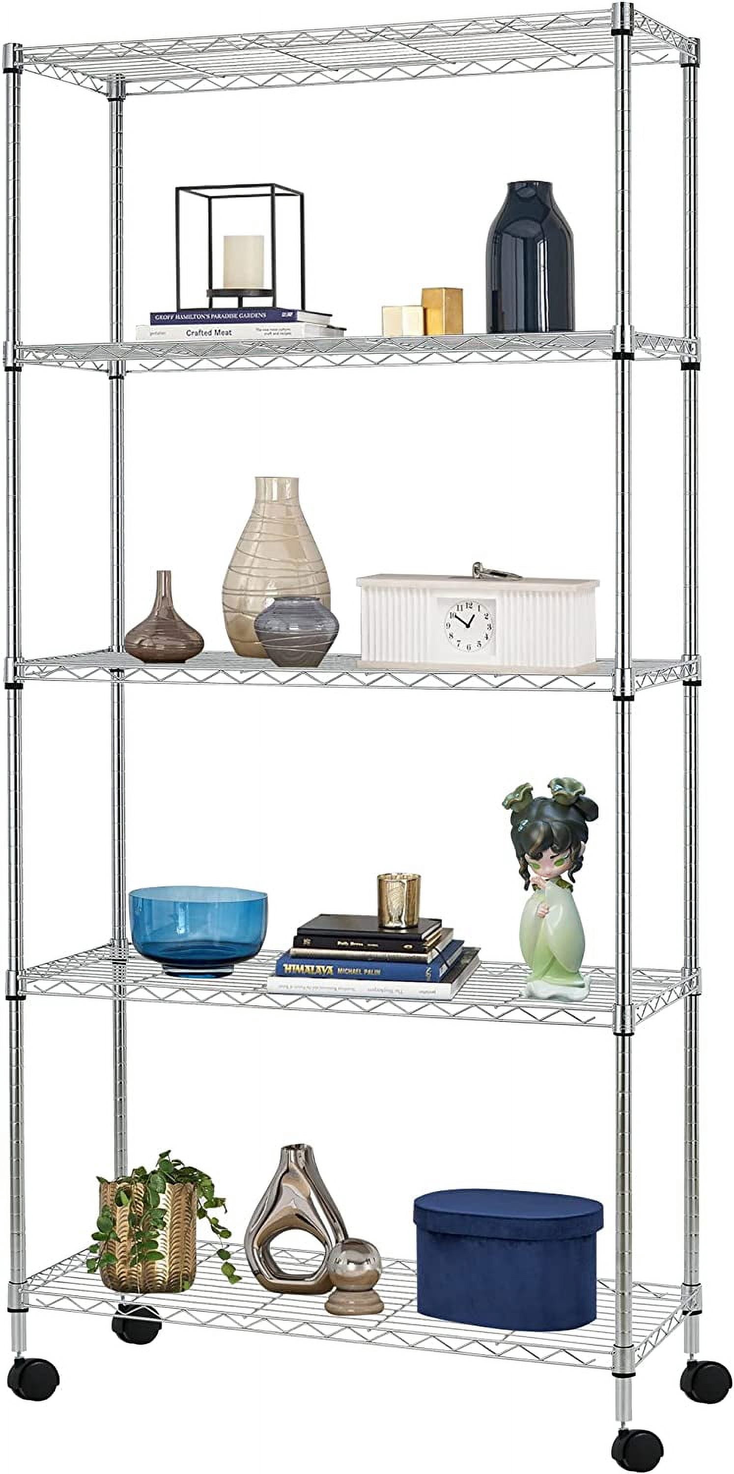 BestOffice Étagère Grillagée à 5 Niveaux 30x14x60, Étagère de Rangement en Métal Robuste Réglable avec Roulettes pour Cuisine, Garde-Manger et Garage, Chrome