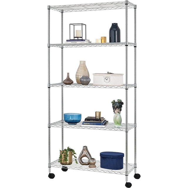 BestOffice 5-Tier Wire Shelving Unit 30x14x60, Adjustable Heavy-Duty Metal Storage Rack with Casters for Kitchen, Pantry & Garage, Chrome