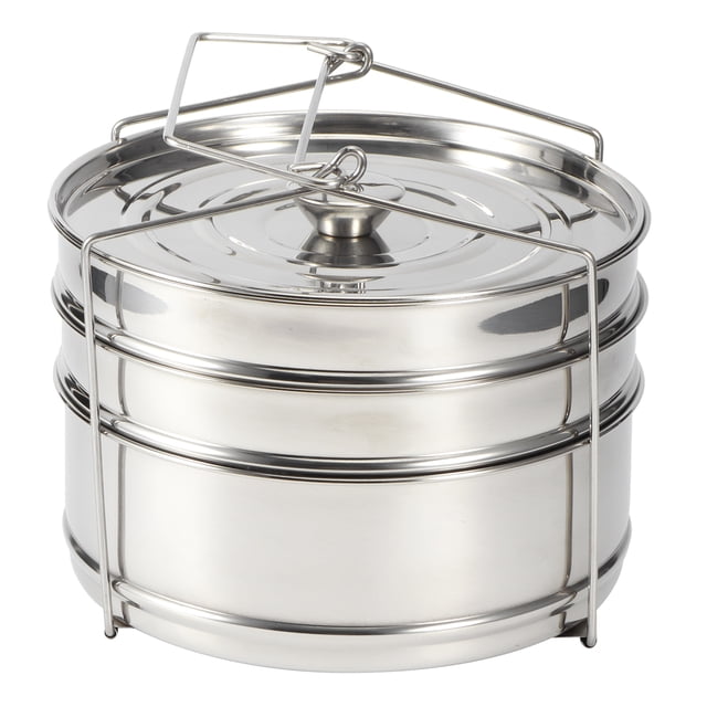 3 Tier Stackable Pans, Stainless Steel Steamer Pot, Food Steamer Cooker Pot Set Insert Pans for cooking rice, vegetables, and meat. The image shows a silver, food-grade stainless steel steamer with three stackable tiers and a secure-fitting lid. The sturdy handle allows for safe insertion and removal, and the compact design is suitable for use in pressure cookers or as a standalone steamer. Ideal for steaming a variety of foods simultaneously while preserving nutrients.