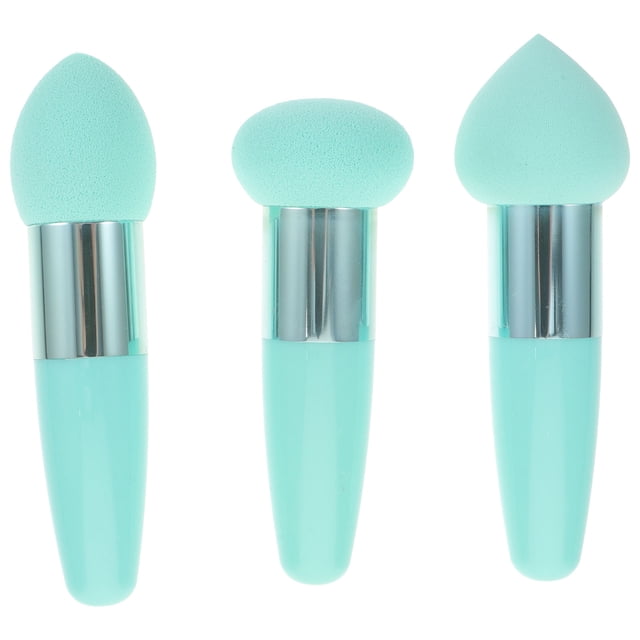 3pcs Foundation Makeup Sponge Brush Facial Cosmetic Puff Pens Makeup Applicator featuring three green foam makeup sponges with latex heads and ergonomic handles. Includes pointed, rounded, and flat brush designs for versatile application of foundation, concealer, and blush. Made of skin-friendly materials with supple texture and good elasticity. Suitable for wet and dry use, ideal for creating a flawless makeup base.