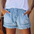 thumbnail image 2 of LLYWEY Womens Jeans Shorts, Ladies Ribbed Distressed Denim Shorts, Drawstring Elastic Waist Women Cut Off Jeans with Pockets, Style ST-22, Light Blue, XS, 2 of 6