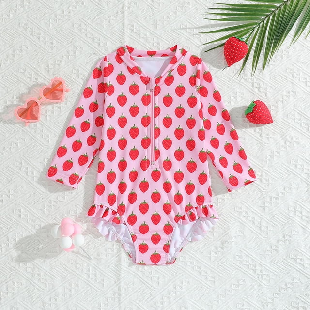 Kid Girls Rash Guard Swimming Bathing Suit Flounce Printed Long Sleeve Sun Protection Bathing Suits for Girls 4-5 Years