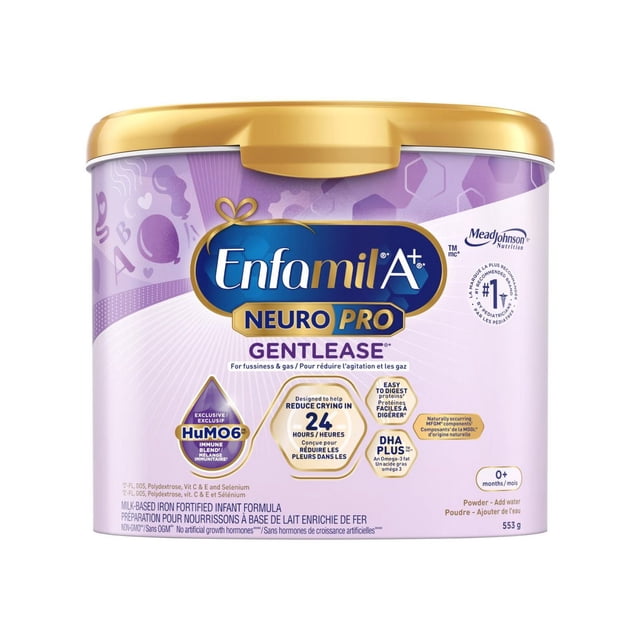 NeuroPro™ Bac de Poudre pour Préparation pour Bébés Gentlelease par Enfamil A+ pour 0-12 Mois, avec des Protéines Faciles à Digérer, du DHA Favorisant le Développement du Cerveau et un Mélange de Fibres Exclusif pour Réduire les Chichis et le Gaz en 24 Heures, Bac de 553 g avec Couvercle Doré.