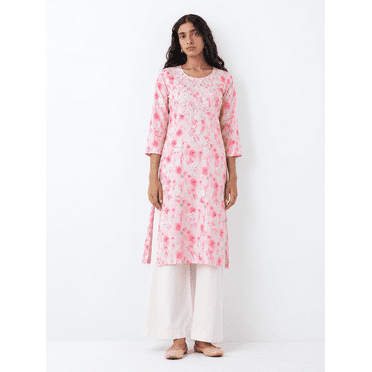 DWEEP SARA Kurta Droit pour Femmes en Mélange de Coton Blanc – Imprimé Ethnique Brodé / Manches 3/4 / Tenue Festive et Quotidienne M-38
