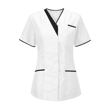 Ktyne Tuniques Médicales pour Femmes à Col en V, Manches Courtes, Extensibles, Uniforme d'Infirmière, Hauts de Sarrau Doux avec Poche, Blanc, TTG
