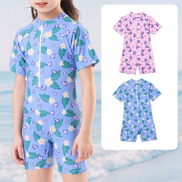 Girls Rash Guard Swimsuit Flounce Printed Long Sleeve Sun Protection Summer Bathing Suit for Kids XXL