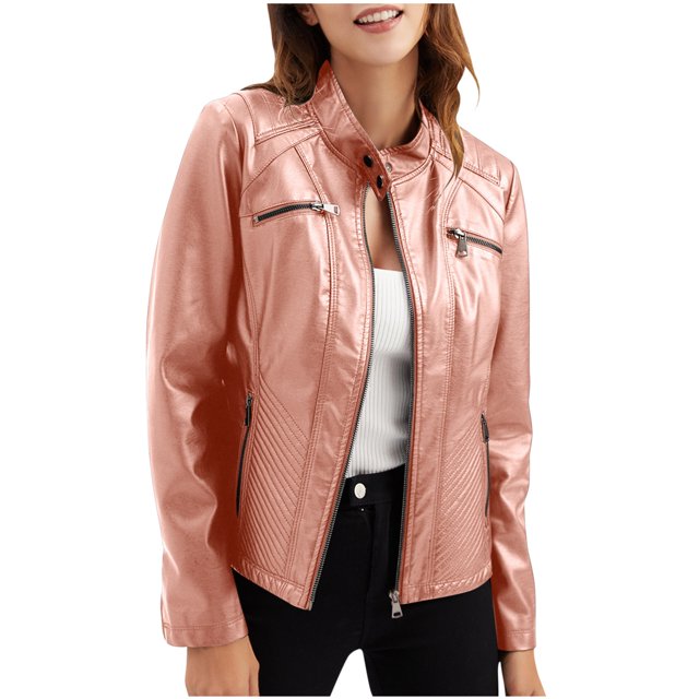 Veste en Cuir Décontractée pour Femmes avec Col Montant Veste Ajustée Couleur Unie pour Femmes