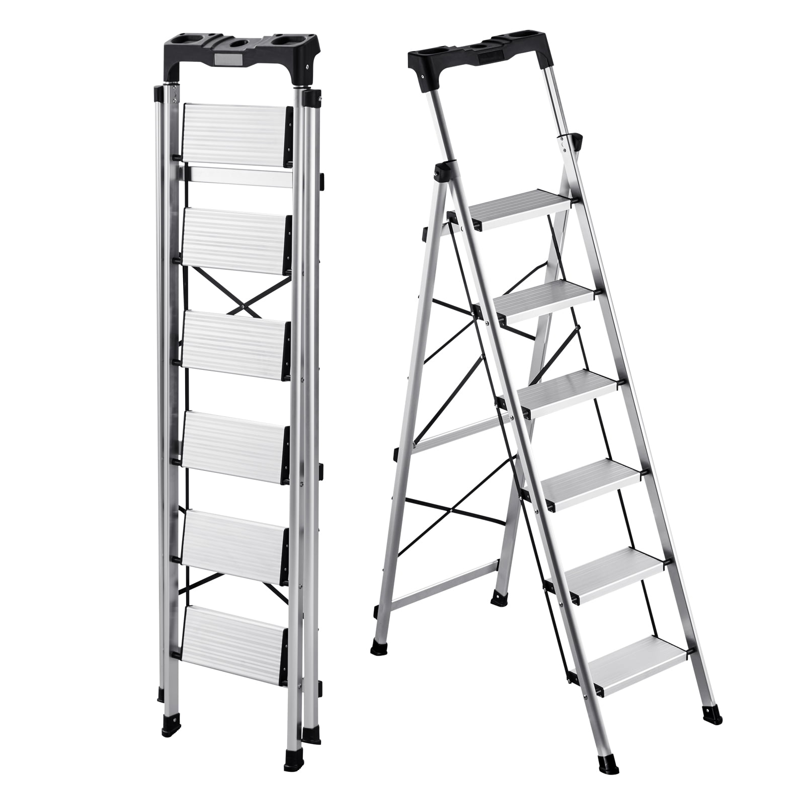 Échelle VEVOR à 6 marches, tabouret pliant avec large pédale antidérapante et poignée de confort, échelle en aluminium portable de 330 lbs de capacité, multi-usage pour cuisine, entrepôt, ménage et bureau, argenté
