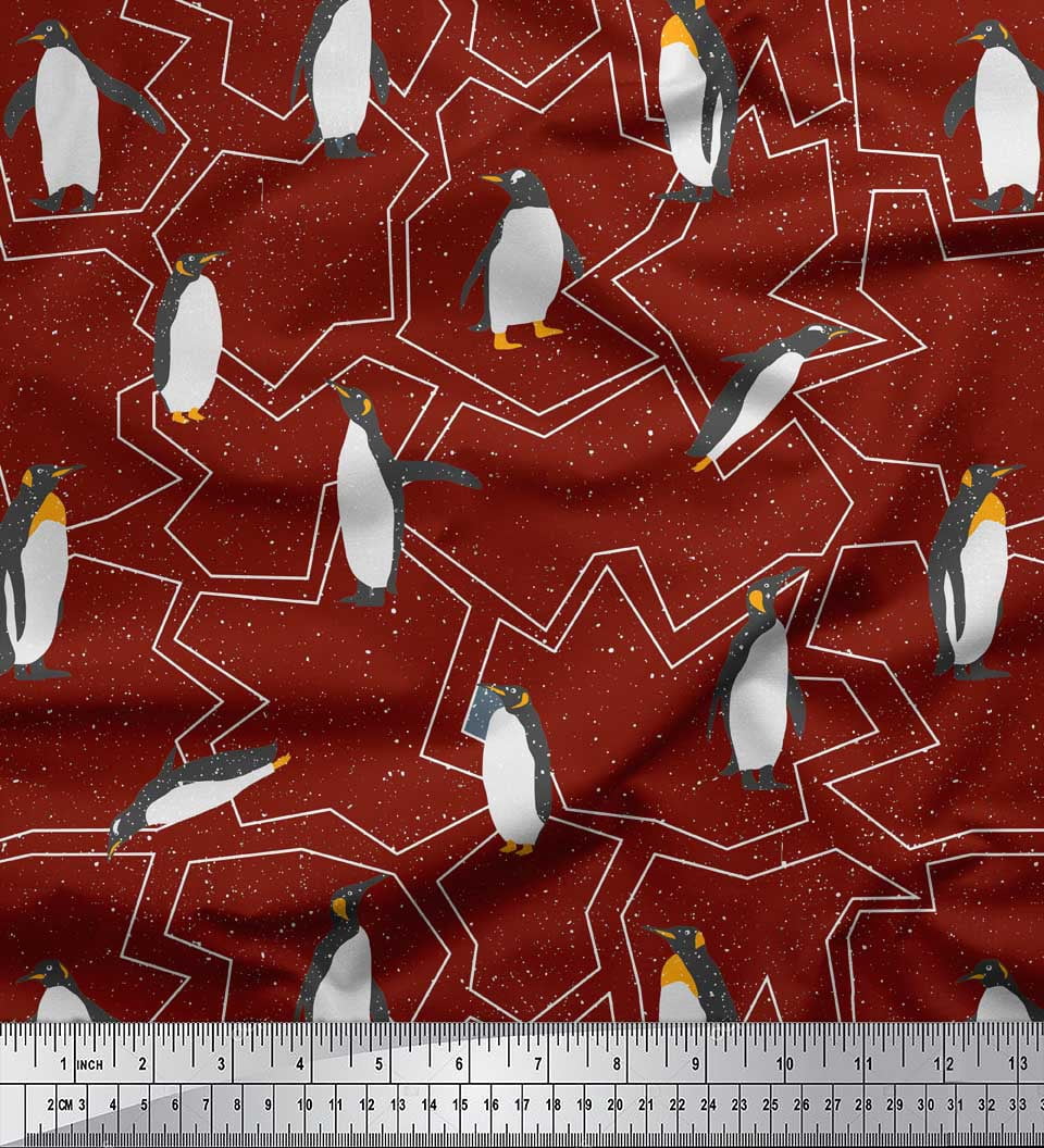 Soimoi Red Cotton Poplin Fabric Penguin Ocean Decor Fabric Printed Yard 56 Inch Wide