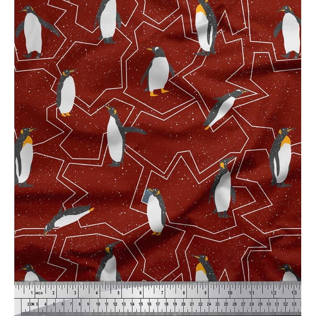 Soimoi Red Heavy Canvas Fabric Penguin Ocean Print Sewing Fabric Yard 58 Inch Wide