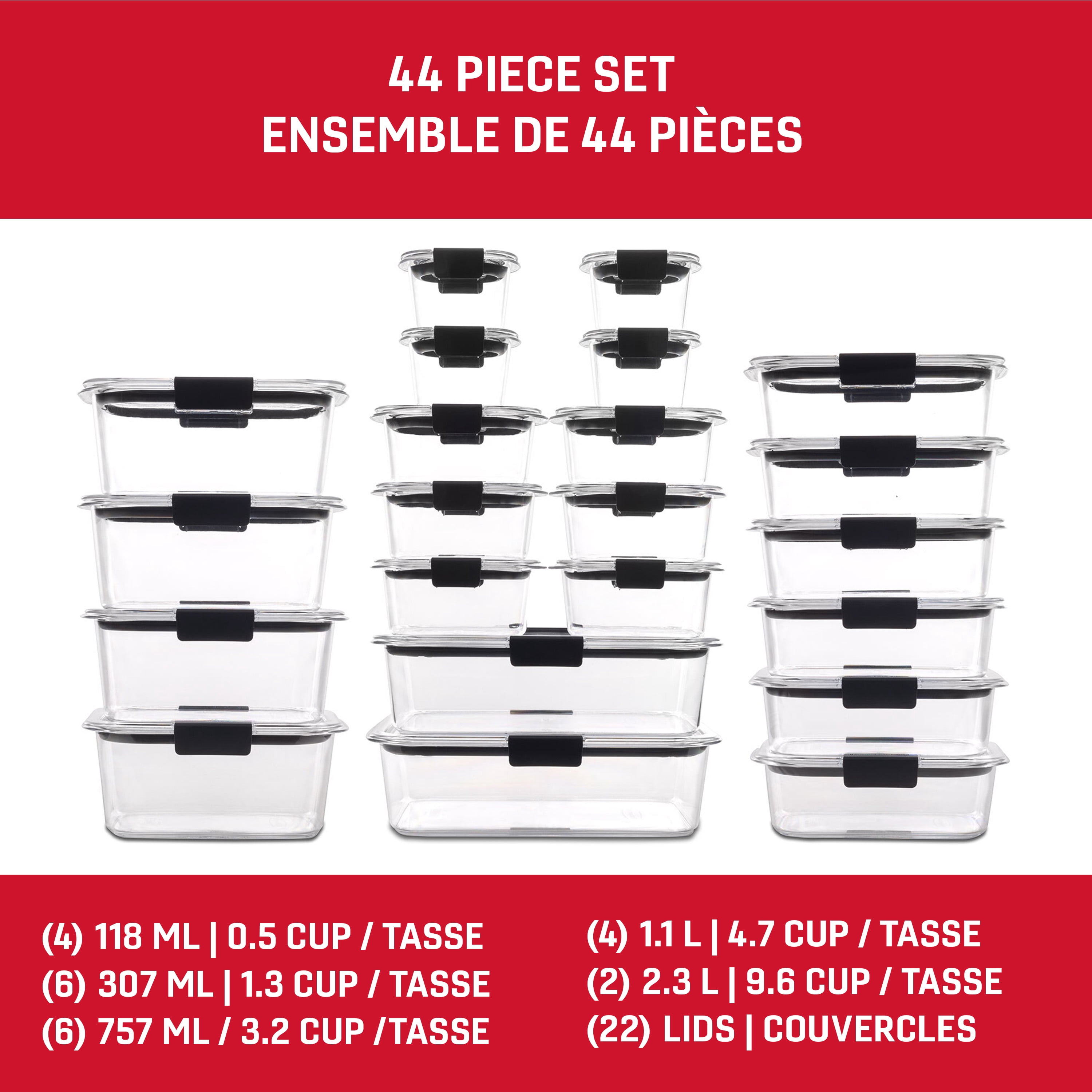 Contenants pour aliments en plastique Rubbermaid Brilliance, tailles assorties, paquet de 22, 44 pièces avec couvercles