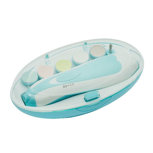 WIFKLSIIPG Baby Nail Sharpener Scratch Electric Nail Clipper Set for Children Nail Tools. This set features an ergonomic electric nail trimmer with cushioned grinding heads, a smart LED light for enhanced visibility, and a whisper-quiet motor for undisturbed use. Packaged in a compact light blue ABS case, it includes multiple grinding heads suitable for different nail hardness stages, making it ideal for infants and toddlers.