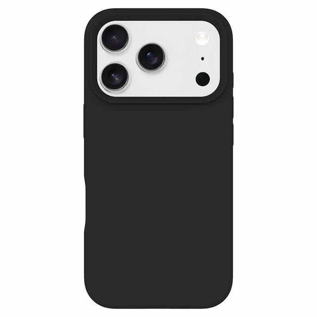Blu Element Silicone MagSafe Case Black for iPhone 17 Pro featuring a slim black silicone design with raised edges around the triple camera module, soft microfiber lining to prevent scratches, MagSafe compatibility, and durable drop protection.