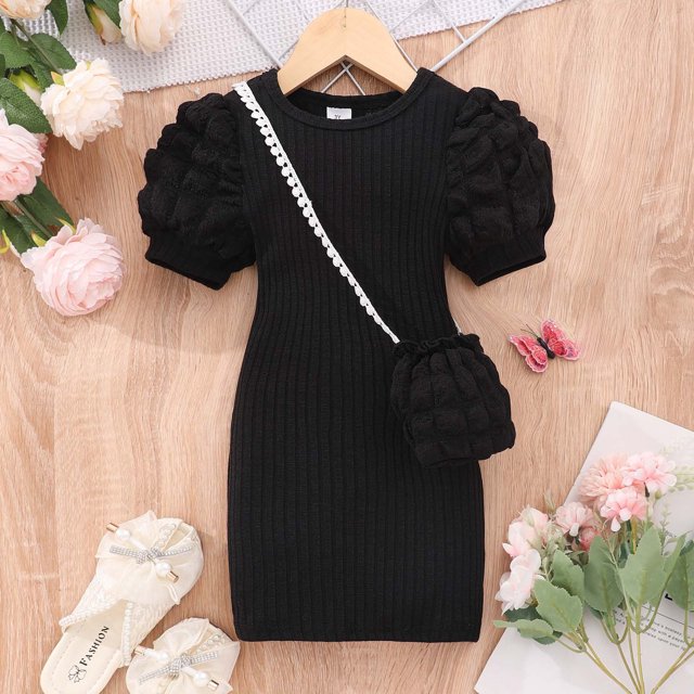RXIRUCGD Robe Sac à Bulles Légère à Manches Courtes à Col Rond de Couleur Unie pour Petites et Moyennes Filles ( Noir, Taille : 3 Ans )