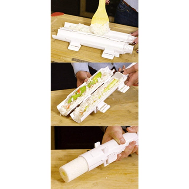 Sushi Making Kit, Sushi Bazooka DIY Sushi Maker shown in three steps: filling the BPA-free plastic tube with rice, adding ingredients like vegetables and seafood, and pressing the completed sushi roll onto a nori sheet. A specialty kitchen tool ideal for beginners and sushi enthusiasts, lightweight, durable, and dishwasher safe.