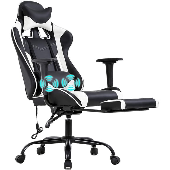 Gaming Chair Racing Office Chair Ergonomic Desk Chair Massage PU Leather Recliner PC Computer Chair with Lumbar Support Headrest Armrest Footrest Rolling Swivel Task Chair for Women Adults (White)