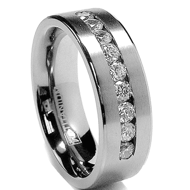 8MM Men's Titanium 1Ct. Ring Wedding Band with 9 large Channel-Set Cubic Zirconia CZ sizes 6 to 15