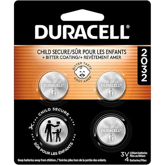 Duracell 2032 Lithium Battery, 4 Count (Pack of 1), Child Safety Features, Compatible with Key Fob, Tea Light Candles and Other Devices, CR2032 Battery