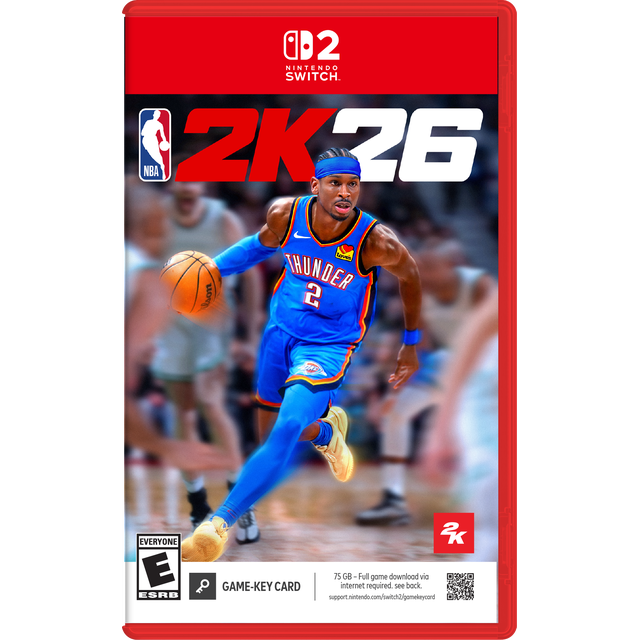 NBA 2K26 Nintendo Switch 2 game cover featuring a basketball player in a blue Oklahoma City Thunder uniform dribbling a basketball on a court with blurred opponents in the background, highlighting immersive NBA gameplay and competitive modes.