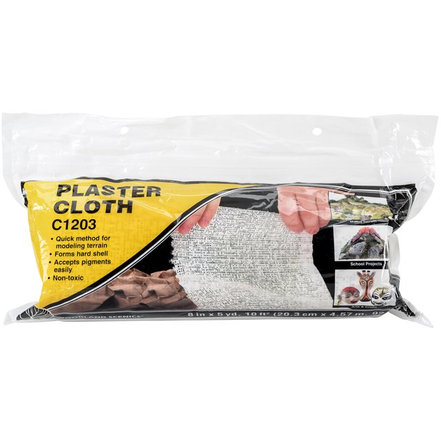 Woodland Scenics Plaster Cloth Roll-8"X180" - C1203, a 5-yard roll of 8-inch wide plaster cloth in multicolour packaging. Ideal for crafting and terrain modeling, it forms a hard shell, accepts pigments easily, and is non-toxic. Packaged in a clear plastic bag with branding and illustrations showcasing its use for school projects and crafts.