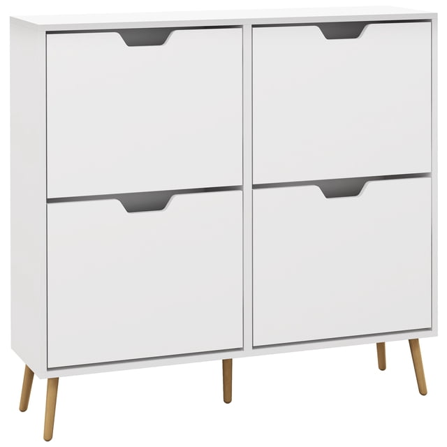 HOMCOM Armoire à Chaussures avec 4 Tiroirs Basculants et Tablettes Ajustables, Blanc. Cette Unité Compacte de Rangement pour Chaussures Comprend Quatre Portes Basculantes avec Tablettes Ajustables, Pouvant Accueillir de 8 à 16 Paires de Chaussures. Fabriquée en Panneau de Particules Robuste avec une base en Bois Massif, Elle Comprend des Sangles Anti-Basculement pour la Sécurité. l'Armoire Mesure 37,4 Pouces de Large, 10,2 Pouces de Profondeur et 37,4 Pouces de Hauteur, avec une Finition Blanche Élégante et des Pieds en Bois Inclinés pour un Style Moderne.