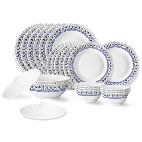 Larah Ocean Fluted Series Opalware Dinner Set - 23 Pieces For Family Of 6, White | Crockery Set For Dining & Gifting - Bone Ash Free, Microwave & Dishwasher Safe
