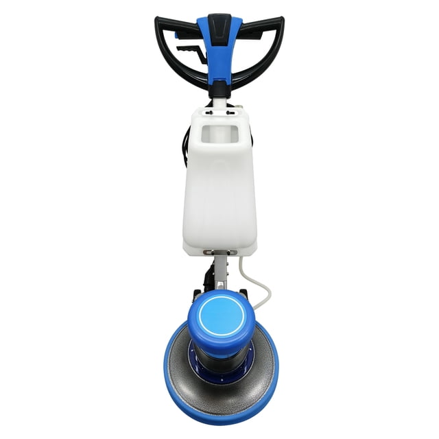 INTBUYING Tampon Récurant de Plancher 17 Pouces Nettoyeur de Tapis Multifonctionnel Machine à Récurer de Plancher Ponceuse Robuste Polisher Machine 110V. Vue Orientée vers l'Avant de la Machine Présentant un design Bleu et Blanc avec un Disque de base de 17 Pouces et une Poignée Ergonomique. Convient au Nettoyage, au Polissage et au Cirage de Diverses surfaces comme le Bois, le Marbre et les Tapis. Équipé d'Un Moteur de 1100W, d'Une Vitesse de 175 Tr/min, et d'Un Câble d'Alimentation de 39,37 Pieds pour une Portée Prolongée. Comprend des Accessoires comme une Brosse Douce pour Couverture, un Porte-Tapis et une Brosse Rigide