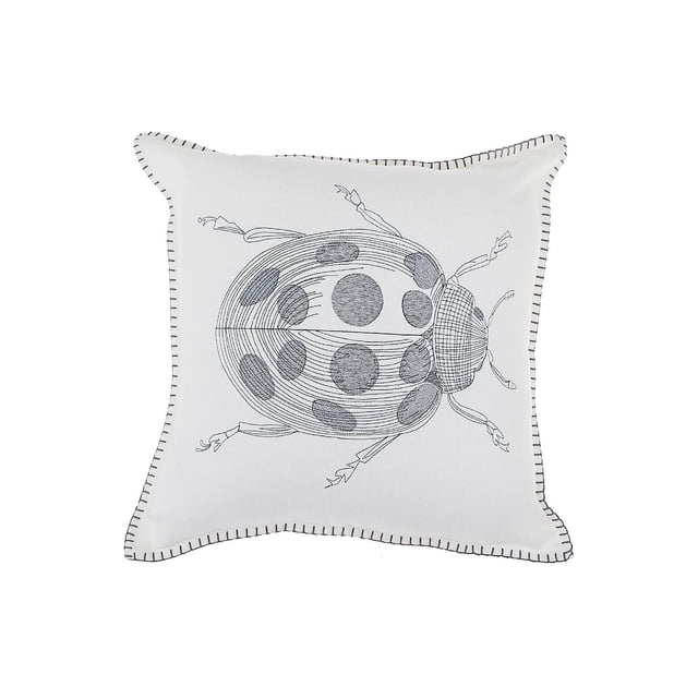 Blanket Stitch Embroidered Cushion Lady Bug 18 X 18 - Set of 2 featuring white cotton cushions with black embroidered ladybug designs and black blanket stitch edging, ideal for decorative throw pillows and cozy home accents.