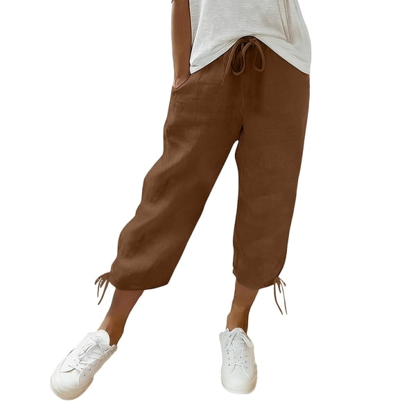 SZJXBUY Wide Leg Capri Yoga Pants for Women Plus Size Flowy Linen Drawstring Elastic Wasit Pants Summer Casual Straight Leg Lightweight Cropped Pants with Pockets Coffee,XL