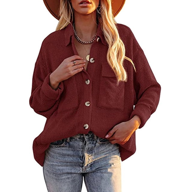 Pockets Women's Buttons Long Sleeve Tops Outwear Solid Color Turn-down Collar Jacket Coat