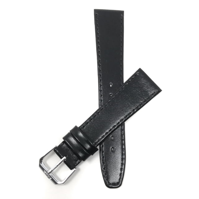 Extra Long (XL) 18mm stitching, leather slim smartwatch band in black, featuring a polished silver buckle and precise stitching. The strap measures 20.5cm in total length without the buckle, with a thickness of 2mm. Compatible with select watch models requiring spring bar pushpins, including brands like Fossil, Citizen, and Omega.