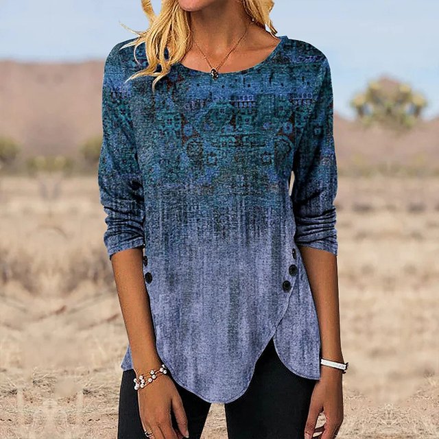 Pntutb Plus Size Clearance!Women'S Fashion Retro Button Gradient Printing Round Neck 3/4 Sleeve T-Shirt top