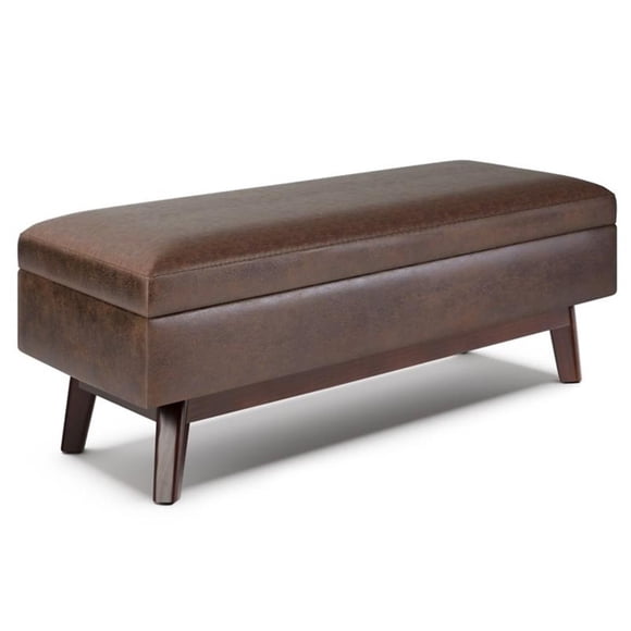 Simpli Home Owen 48" Faux Air Leather Storage Ottoman in Chestnut Brown