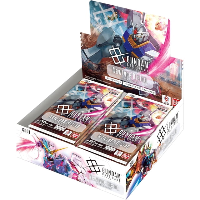 Gundam Card Game Boîte de Boosters - Newtype Rising (GD01) (Japonais) avec 24 Paquets Présentés dans une Boîte Ouverte. l'Emballage Présente une Oeuvre Dynamique de Gundam, Mettant en Valeur des designs et des Personnages de Mécha Emblématiques. Idéal pour les Passionnés de Cartes à Collectionner d'Anime, avec une Image de Marque Bandai Hobby visible.