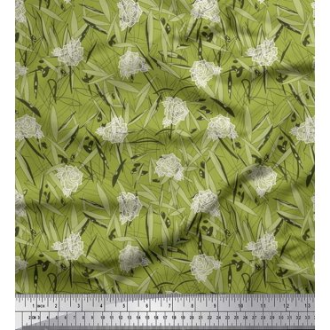 Soimoi Satin Silk Fabric Leaves & Rose Floral Print Fabric by the Yard 42 Inch Wide
