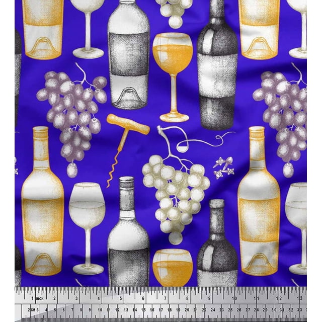 Soimoi Rayon Fabric Grapes,Wine Glass & Bottle Print Sewing Fabric Yard 42 Inch Wide