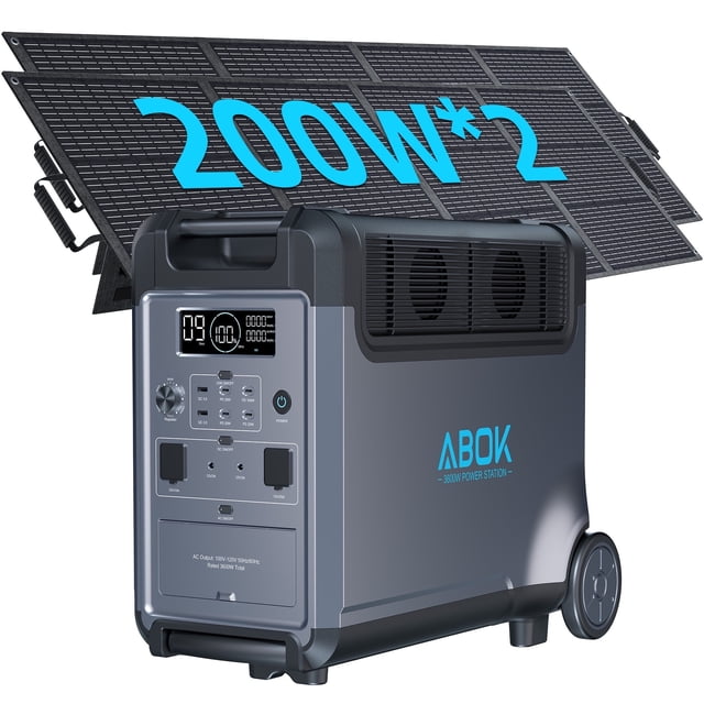 ABOK Ark3600 3600W 3840Wh solar generator paired with two 200W monocrystalline solar panels. The grey portable power station features a digital display, multiple output ports including AC, USB, and DC, and a telescopic handle with rugged wheels for easy transport. Designed for home, camping, RVs, outages, and off-grid use, it offers a 3840Wh base capacity expandable to 11520Wh, powered by durable EV-grade LiFePO₄ batteries with 4000+ charge cycles. The solar panels provide a 23% conversion rate for efficient energy storage.