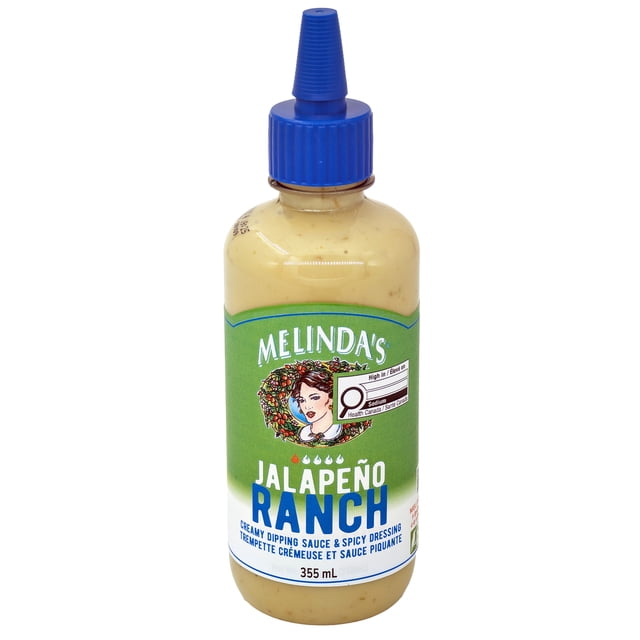 Melinda's sauce Crémeuse pour Trempette au Jalapeño Ranch et Vinaigrette Épicée dans une Bouteille en Plastique Compressible de 355 ml avec Bouchon à Torsion Bleu, Mettant en Vedette une Étiquette Verte et Blanche avec Texte Bleu Audacieux, Convient aux Salades, marinades et Trempettes.
