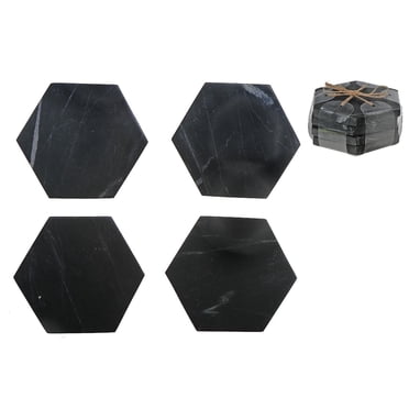 4Pc Marble Hexagon Coaster 4X4" Black
