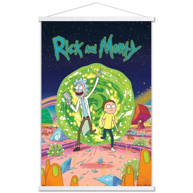 Rick And Morty - Affiche Murale de Couverture, 22,375 Pouces x 34 Pouces Représentant des Personnages Animés Rick And Morty Debout devant un Portail Tourbillonnant Vert Lumineux sur un Paysage Extraterrestre vibrant avec des Plantes orange et Vertes et des formations de Cristal sous un Ciel Nocturne Étoilé, Imprimée sur Papier d'Affiche Lustré avec Supports Adhésifs pour une Suspension Facile et Sans Dommages, Convient pour Décorer des Chambres, des Bureaux Ou des Résidences Étudiantes.