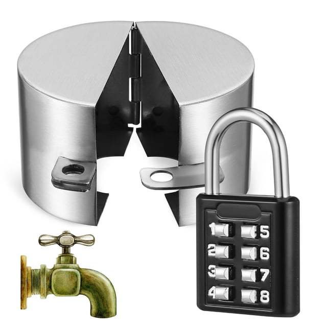 1 Ensemble de Verrou de Bavette de Tuyau Extérieur Verrou de Robinet d'Hiver Protecteur de Robinet de Tuyau en Acier Inoxydable durable avec une Finition Argentée. Comprend un Cadenas Noir Codé pour une Sécurité Accrue, Empêchant l'Accès Non Autorisé aux Approvisionnements d'Eau Extérieurs. Facile à Installer et Convient aux Maisons, Jardins et Propriétés Commerciales.
