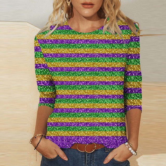 Penkiiy Blouse Carnaval pour Femmes Mardi Gras Mode Imprimée Décontractée Col Rond Manches 3/4 T-shirt Blouse 3TG Multicolore
