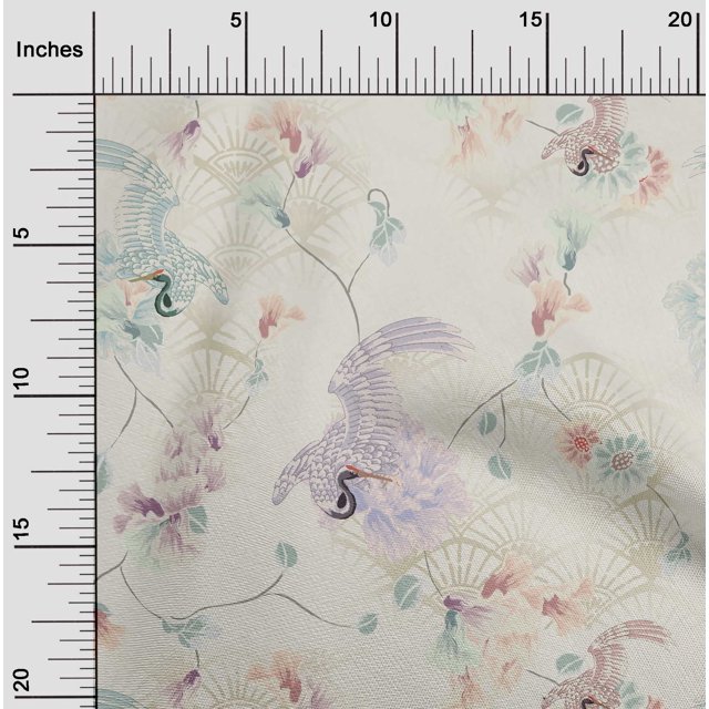oneOone Cotton Poplin Beige Fabric Floral & Peacock Sewing Craft Projects Fabric Prints By Yard 42 Inch Wide