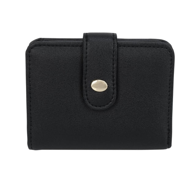 Stephanie Ladies Card Wallet in black with a snap tab closure and gold-tone button, smooth texture, compact rectangular shape, five card slots, two ID windows, and a back zippered pocket for organizing cards and currency, also suitable for storing small essentials.