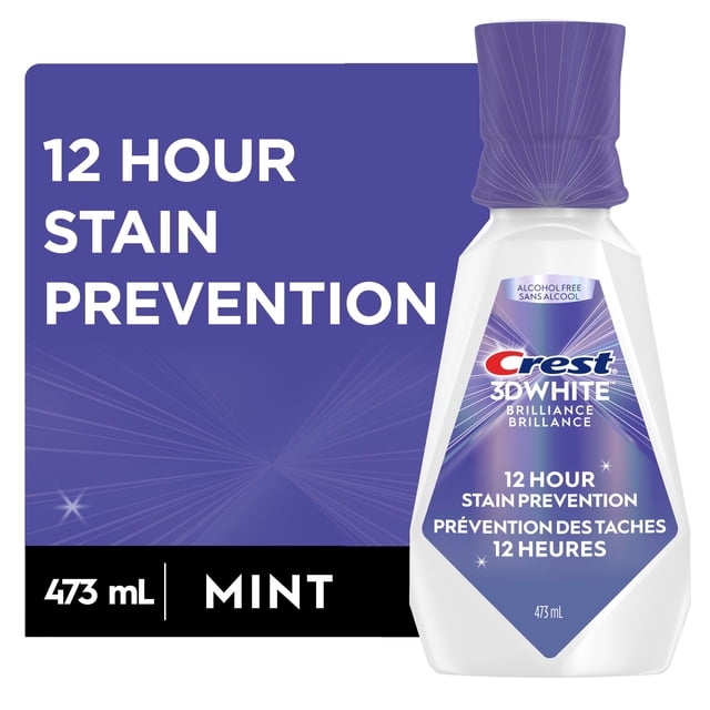 Crest 3D White Brilliance Stain Prevention Mouthwash in a 473 mL white bottle with purple cap and label, featuring 12-hour stain prevention, alcohol-free enamel-safe formula, and mint flavor for daily oral care and fresh breath.